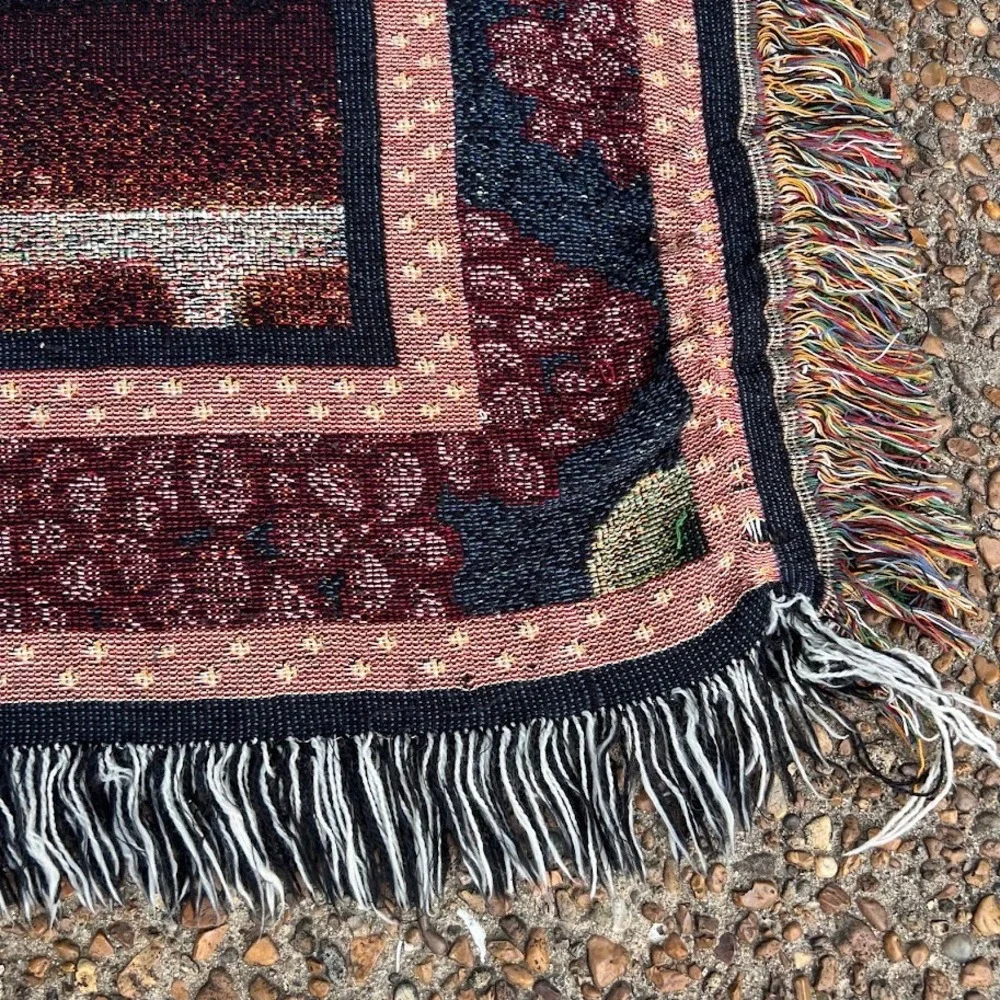 Vintage Dog and Cat Cuddling on Brick Porch Floral Woven Tapestry Blanket Throw